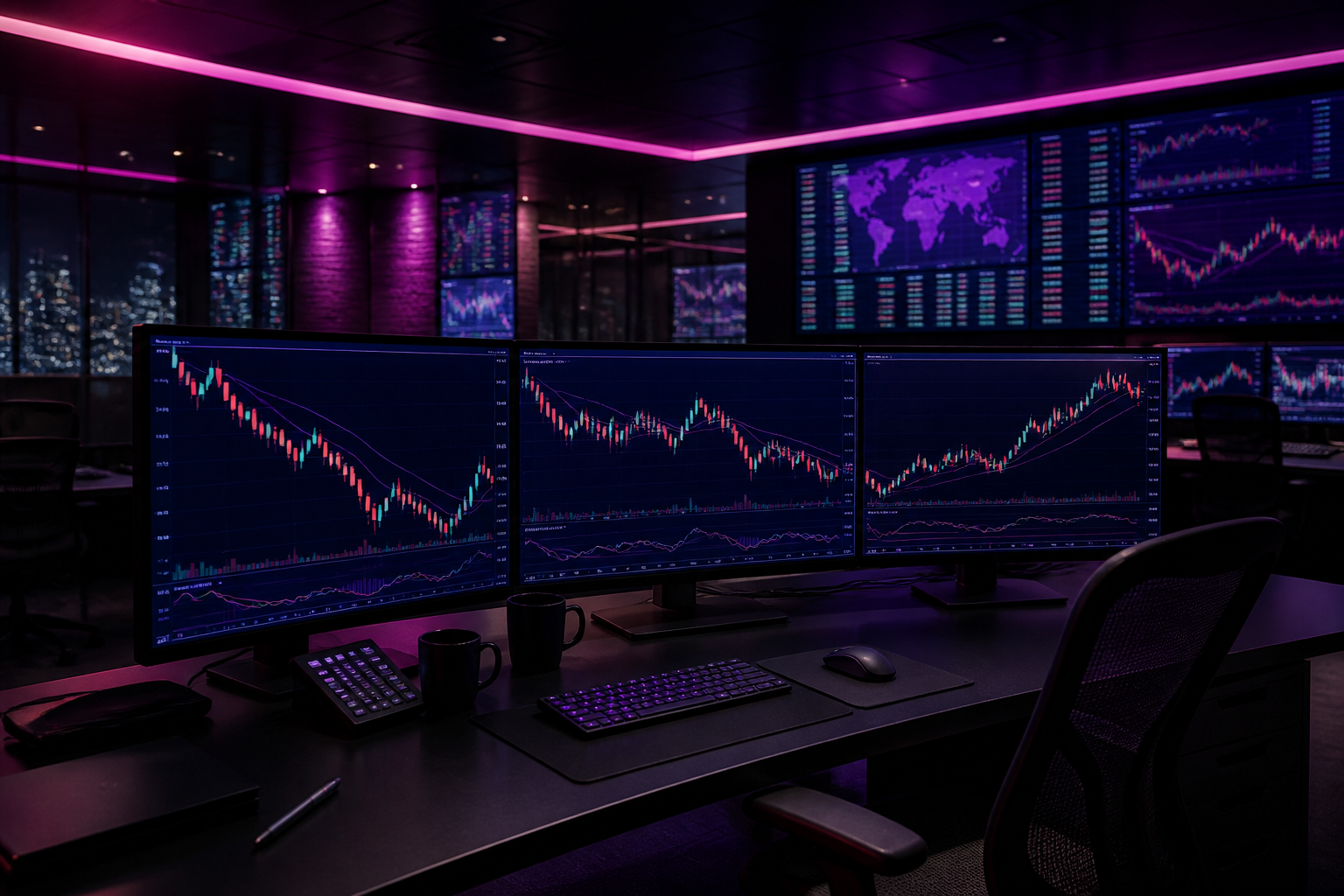 Trading desk with live market screens